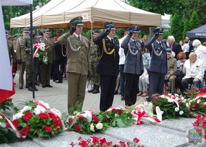 Przedstawiciele służb mundurowych salutują przed pomnikiem Powstańców Śląskich