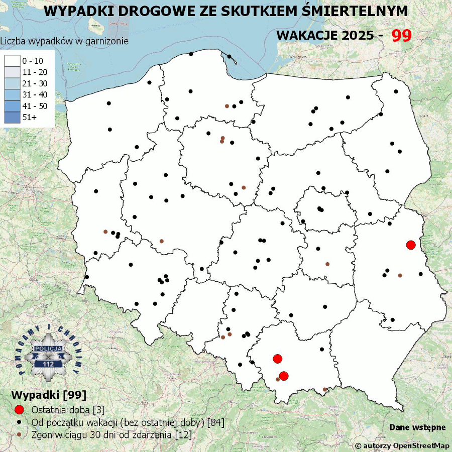 Mapa prezentująca liczbę wypadków poprzedniej doby w Polsce. Prezentowane dane są dostępne w tekście poniżej.