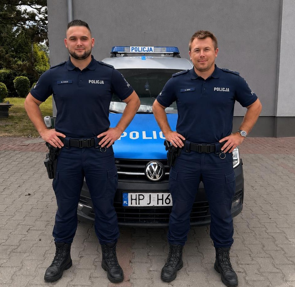 policjanci na tele radiowozu