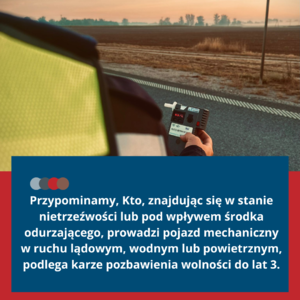 grafika zawierająca treść artykułu, gdzie jest mowa o kierowaniu pod działaniem alkoholu. za które grozi do 3 lat pozbawienia wolności. na grafice znajduje się zdjęcie policjanta, który trzyma urządzenie do badania stanu trzeźwości.