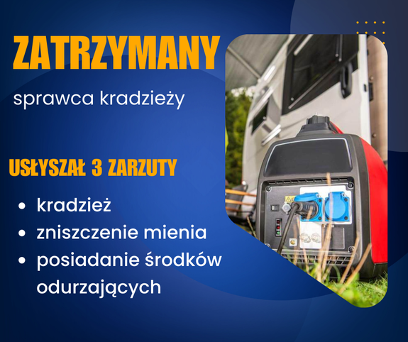 Na grafice znajduje się agregat prądotwórczy oraz napis zatrzymany sprawca. Usłyszał 3 zarzuty - kradzieży, zniszczenia mienia, posiadania środków odurzających
