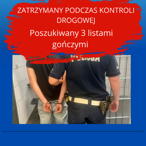 kolorowe zdjęcie -policjant trzyma mężczyznę za rękę, który ma założone kajdanki