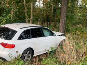 biały osobowy samochód combi uszkodzony po uderzeniu w drzewa