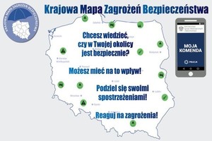 Kontury mapy Polski - chcesz wiedzieć czy w twojej okolicy jest bezpiecznie? Możesz mieć na to wpływ. Podziel się swoimi spostrzeżeniami, reaguj na zagrożenia. Obok grafika telefonu komórkowego.
