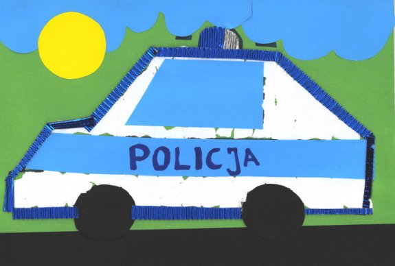 wyklejanka zrobione przez przedszkolaki - policyjny radiowóz na zielono-niebieskim tle