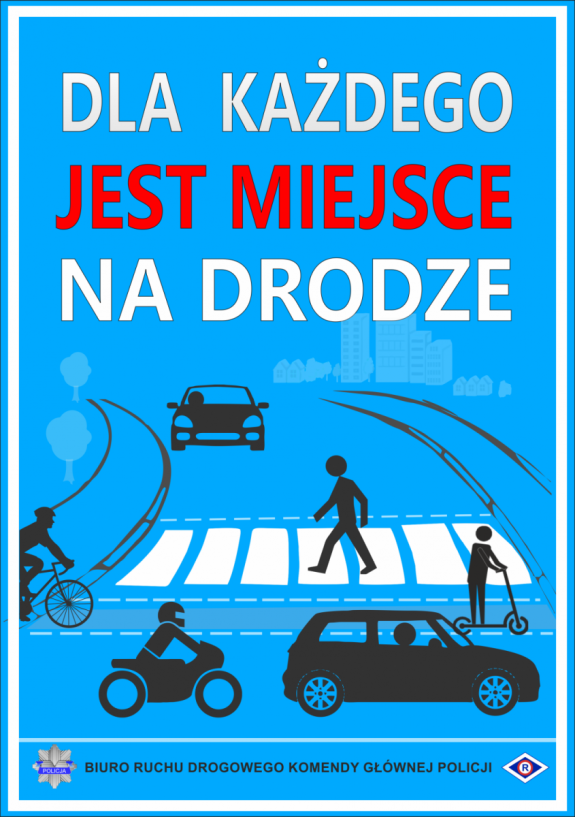 niebieski plakat -grafika drogi na której są samochody, rowerzyści, piesi, motocykliści