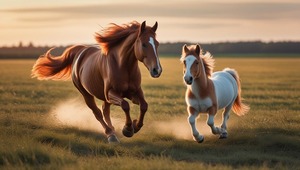 Zdjęcie kolorowe przedstawiające konie i kucyka.