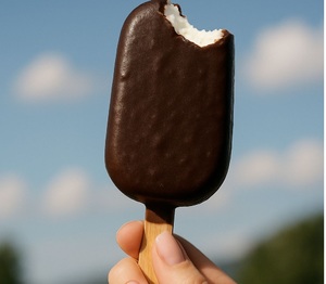 Zdjęcie kolorowe przedstawiające rękę z lodem na patyku.