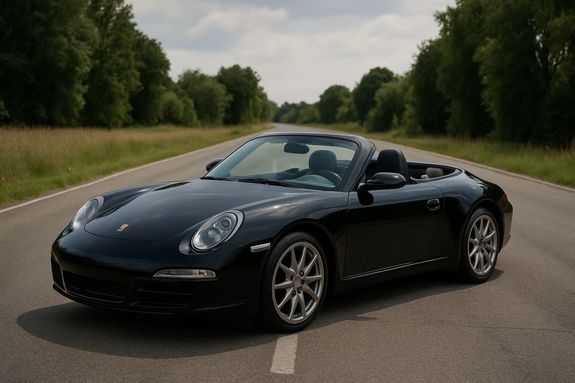 Zdjęcie kolorowe przedstawiające czarny samochód cabrio.