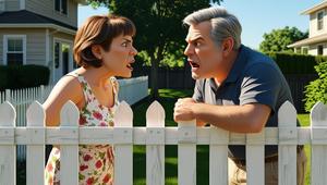 Zdjęcie kolorowe przedstawiające kobietę i mężczyznę kłócących się przez płot.