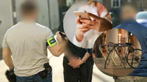 Zdjęcie kolorowe przedstawiające policjantów i zatrzymanego mężczyznę.