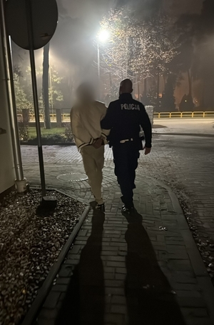 Zdjęcie przedstawia zatrzymanego z policjantem.