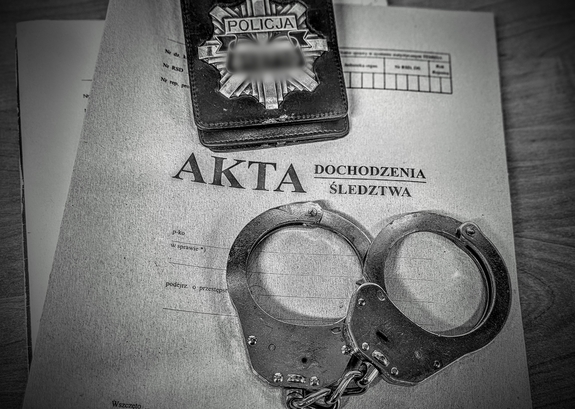 Zdjęcie przedstawia kajdanki, odznakę i akta.