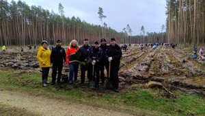 Zdjęcie przedstawia wydarzenie związane z jubileuszem 100-lecia dzielnicowych, którzy z tej okazji posadzili symboliczne 100 sadzonek w lesie.