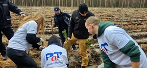 Zdjęcie przedstawia wydarzenie związane z jubileuszem 100-lecia dzielnicowych, którzy z tej okazji posadzili symboliczne 100 sadzonek w lesie.