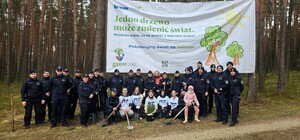 Zdjęcie przedstawia wydarzenie związane z jubileuszem 100-lecia dzielnicowych, którzy z tej okazji posadzili symboliczne 100 sadzonek w lesie.