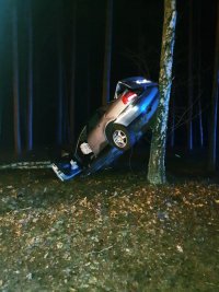 Zdjęcie przedstawia samochód zakleszczony między drzewami.