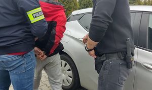 funkcjonariusze kryminalni prowadzą pierwszego z zatrzymanych do samochodu