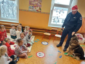 kolorowe zdjęcia z służbowego życia Foxi psa służbowego spotkania w szkołach z dziećmi oraz służba.
