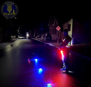 Zdjęcie: flary na drodze, w tle policjant.