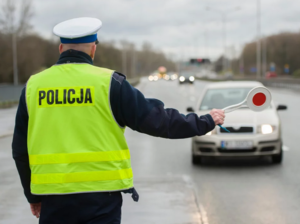 Zdjęcie przedstawia umundurowanego policjanta, który trzyma w prawej ręce tarczkę do zatrzymywania pojazdu. W tle widać zbliżający się pojazd.