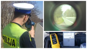 kolaż przedstawiający policjanta kontrolującego prędkość pojazdów, widok przez wizjer miernika prędkości oraz alkosensor