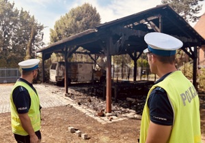 zdjęcie kolorowe - funkcjonariusze przy pogorzelisku