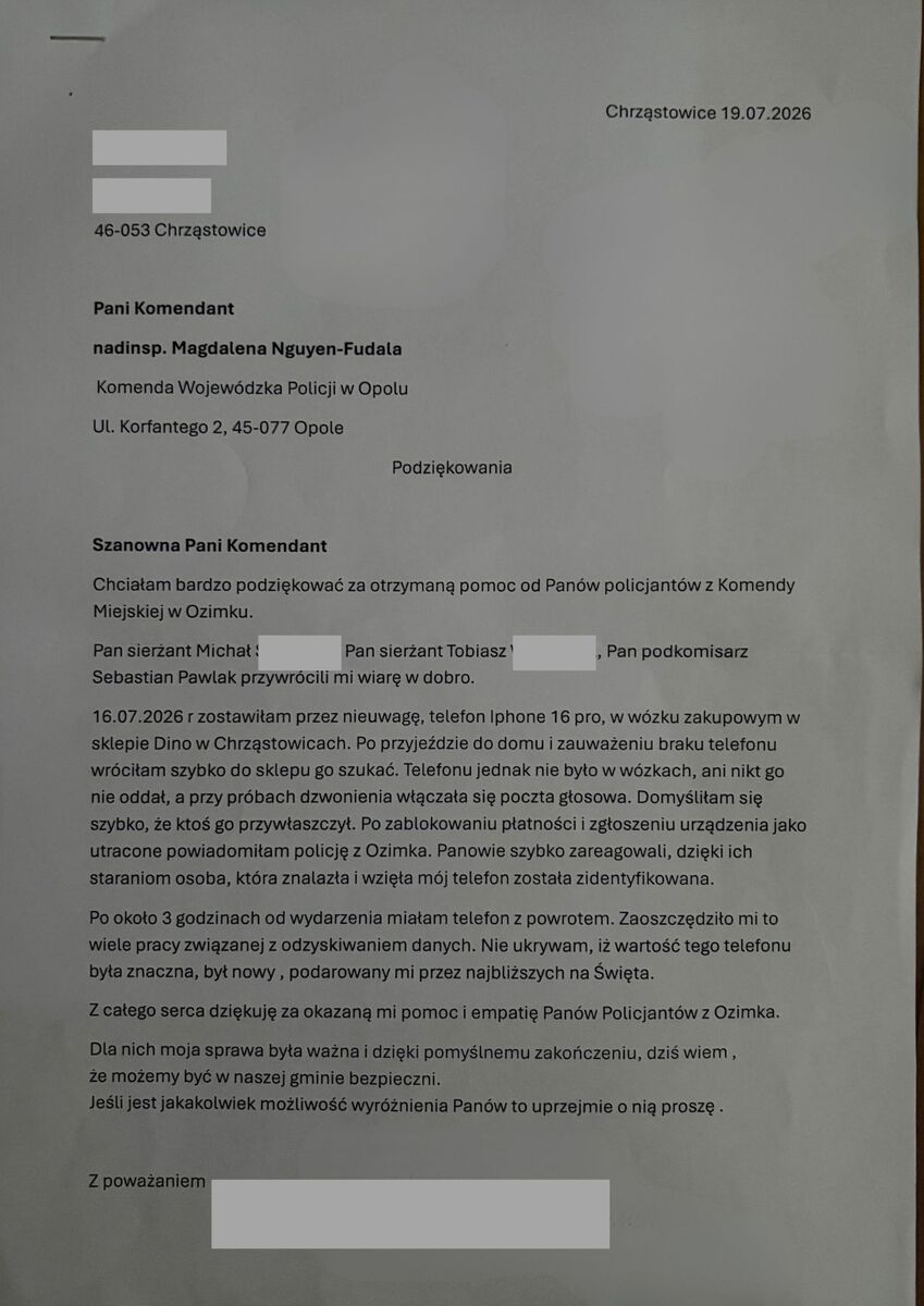 zdjęcie: treść podziękowań