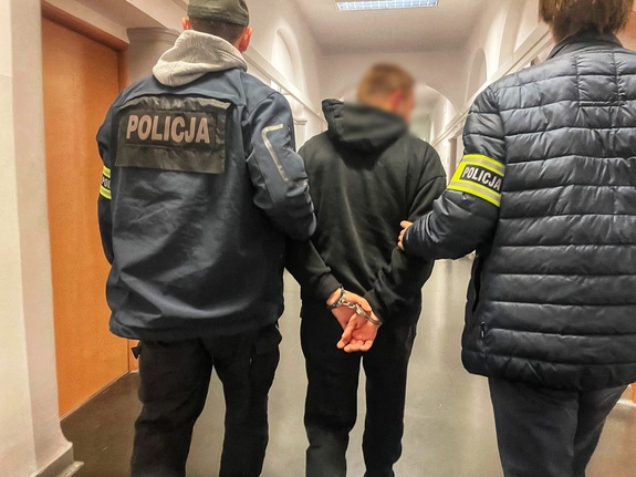 policjanci prowadzą zatrzymanego