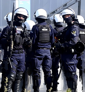 zdjęcie: policjanci podczas zabezpieczenia meczu piłki nożnej