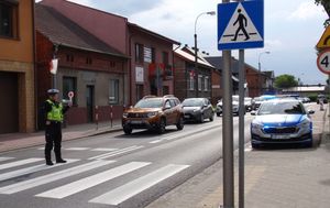 Policjant ruchu drogowego stoi na przejściu dla pieszych i tarczą zatrzymuje ruch pojazdów. Przed nim stoi pięć samochodów. Po lewej stronie zaparkowany radiowóz z włączonymi sygnałami świetlnymi.