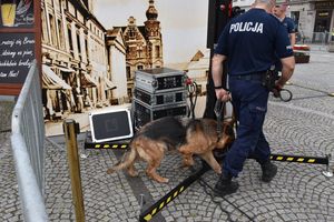 Policjant z psem służbowym przechodzi obok sprzętu nagłaśniającego za nim malowidło przedstawiające fragment oleskiego rynku.