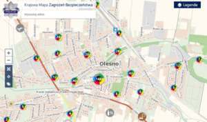 Mapa miasta Olesno z zaznaczonymi zagrożeniami.
