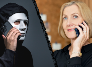 Zdjęcie przedstawia kobietę  mężczyznę w masce rozmawiąjących przez telefon.