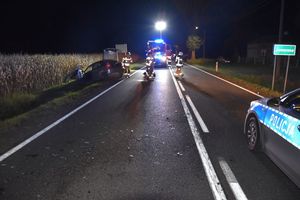 Zdjęcie w kolorze przedstawia na pierwszym planie radiowóz policyjny na jezdni dalej po lewej stronie rozbity pojazd osobowy leżący w rowie a za nim wóz strażacki ośwetlający miejsca zdarzenia.
