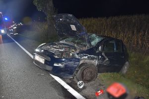 Zdjęcie w kolorze przedstawia rozbity pojazd częściowo na jezdni i na poboczu, dalej wóz straży pożarnej z włączonymi sygnałami świetlnymi.