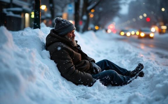 Obraz wygenerowany przez sztuczną inteligencje w kolorze przedstawia bezdomnego pijany w zaspie śniegu na poboczu drogi w mieście.