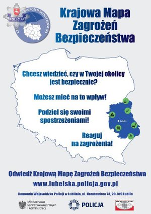 Mapka Polski z niebieskimi napisami w środku i na zewnątrz.
