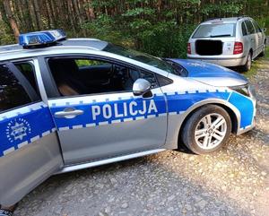 Zdjęcia przedstawiają pojazdy policyjne i kierującego skodą