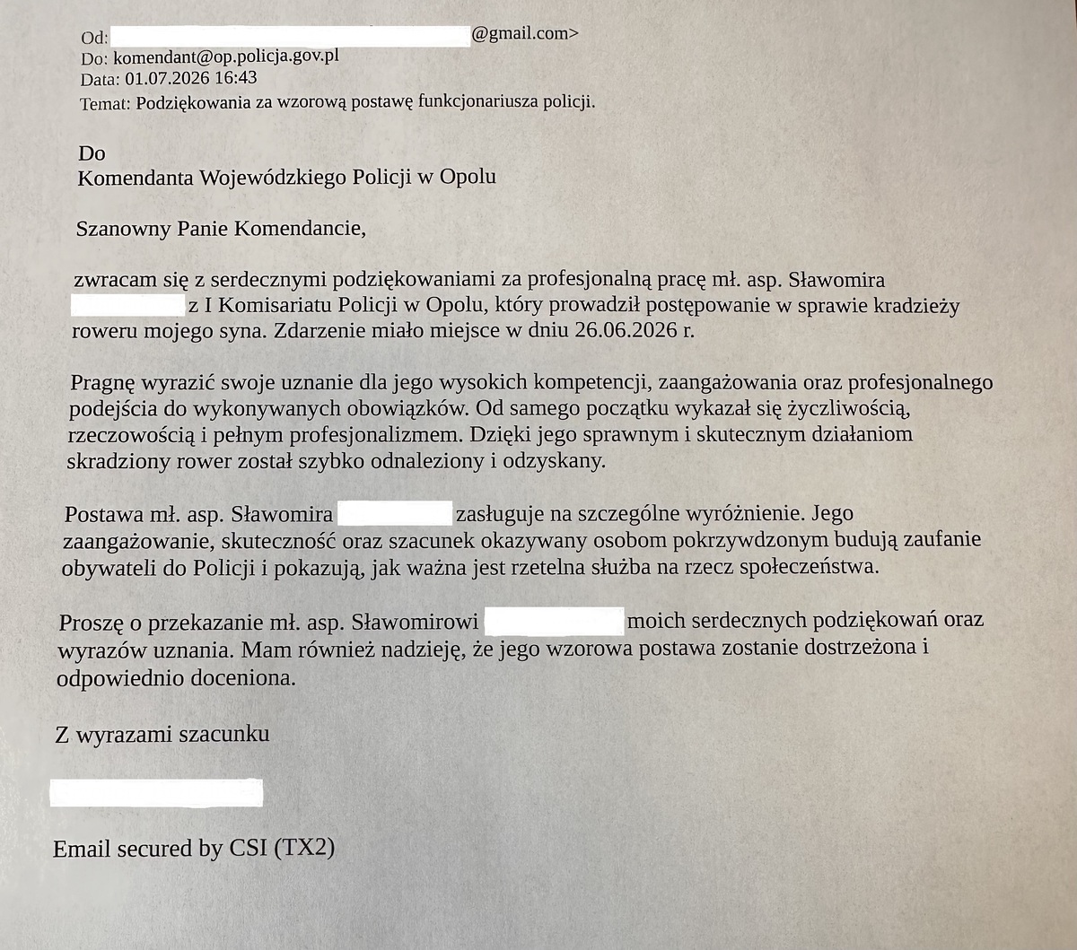zdjęcie: treść podziękowań