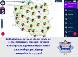 grafika telefonu komórkowego ręki klikającej w nią oraz mapy Polski w aplikacji KMZB