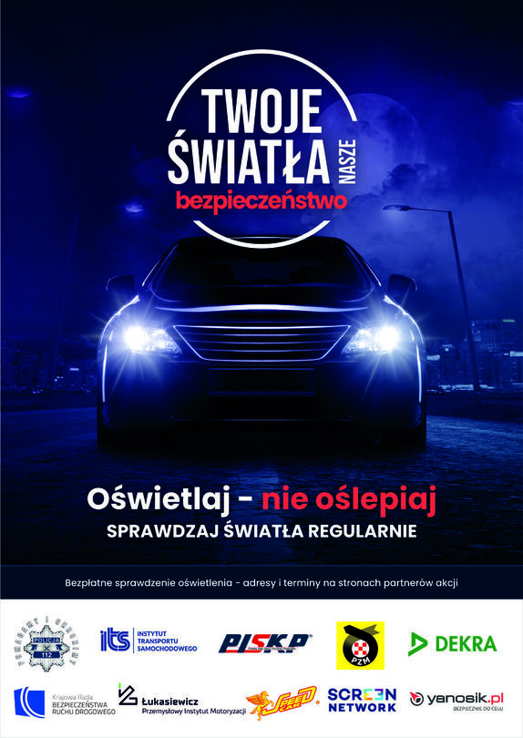 plakat kampanii twoje światła nasze bezpieczeństwo, samochód z włączonymi światłami na ciemnym tle
