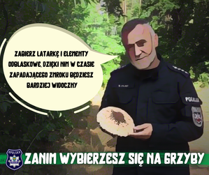 policjant trzyma w ręce dużego grzyba