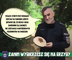 policjant trzyma w ręce dużego grzyba