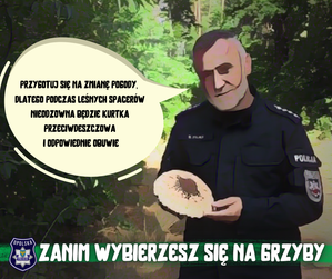 policjant trzyma w ręce dużego grzyba