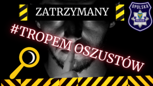 grafika mężczyzna trzyma palec przy ustach napis obok &amp;quot;tropem oszustów&amp;quot; i &amp;quot;zatrzymani&amp;quot;