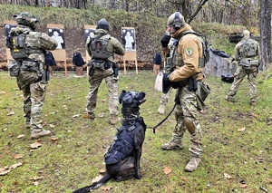 Zdjęcie przedstawia psa z policjantem.