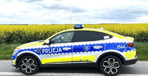 Radiowóz, w tle rzepak.