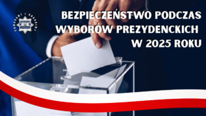 dłoń wrzucająca białą kartkę do urny wyborczej, u dołu flaga policji, ponadto na grafice napis bezpieczeństwo podczas wyborów prezydenckich 2025 roku