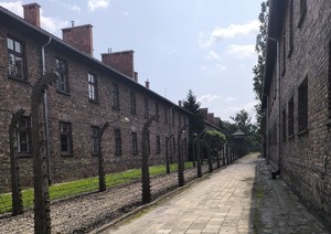 widok na mury muzeum w Auschwitz